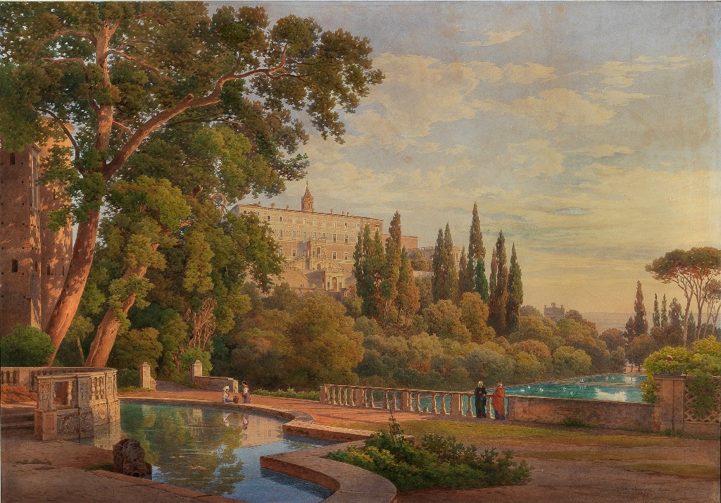 Il cardinale von Hohenlohe con Franz Liszt affacciati alle Peschiere di villa d’Este, acquerello di Salomon Corrodi (1810 - 1892), collezione privata